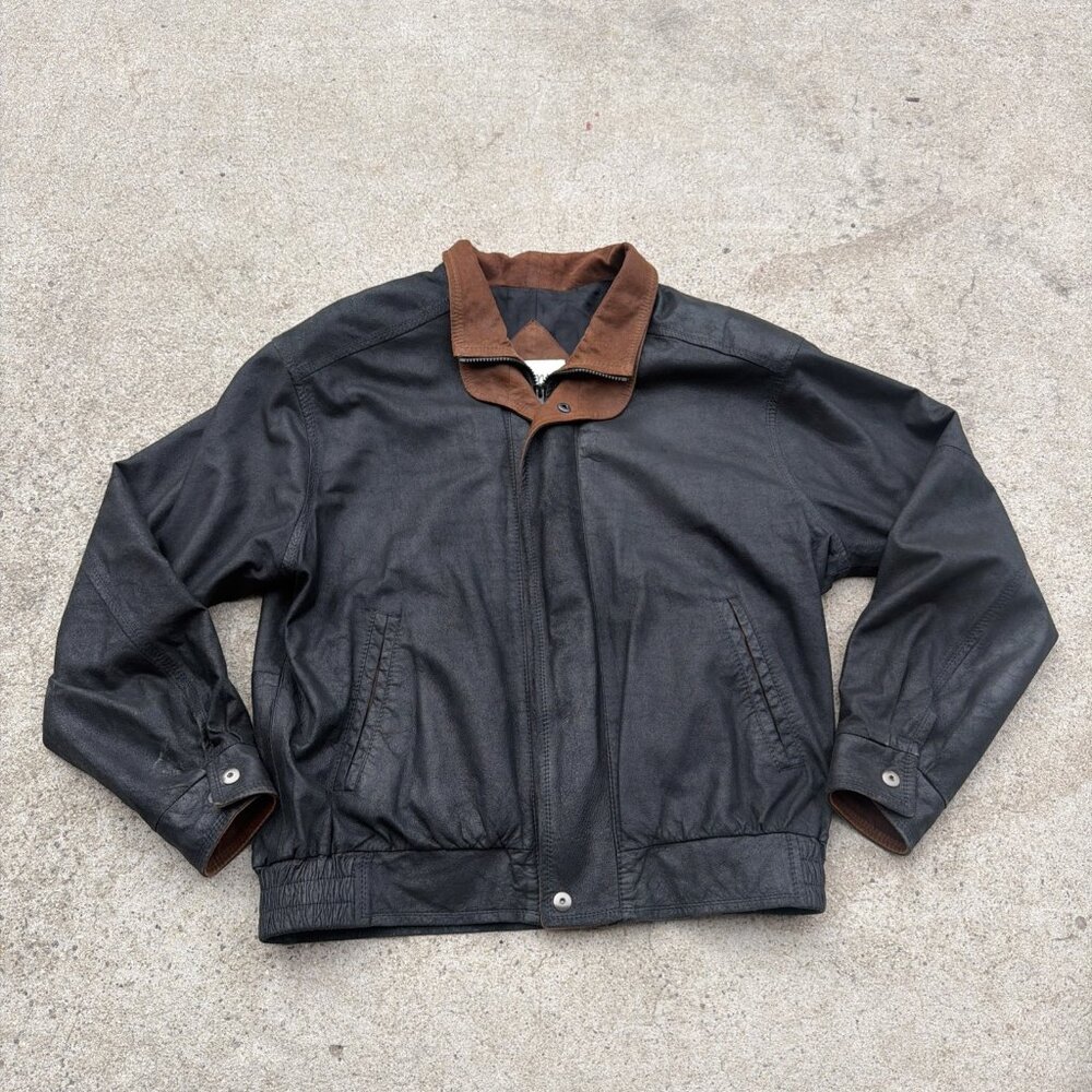 Remy Leather Jacket Men 38 Black Full ZIp Bomber Double Collar Made USA Lambskin